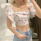 Floral Print Flutter-sleeve Crop Blouse