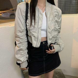 Zip-up Shirred Bomber Jacket Almond - One Size