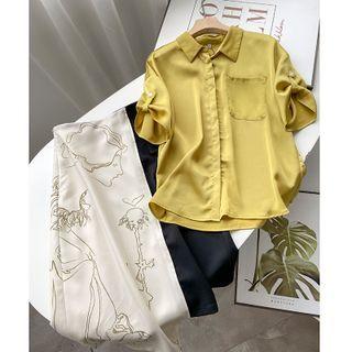Elbow-sleeve Shirt / Print Midi A-line Skirt