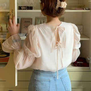 Long-sleeve Mesh Tie-back Blouse Almond - One Size