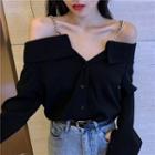 Chain Strap Cold-shoulder Long-sleeve Top Black - One Size
