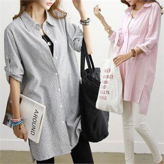 Shirred Long Striped Shirt