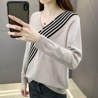 Long-sleeve V-neck Striped Panel Knit Sweater