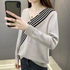 Long-sleeve V-neck Striped Panel Knit Sweater