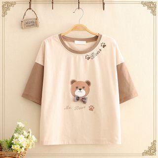 Color-block Sleeve Bear Printed Tee As Shown In Figure - One Size