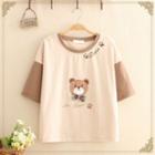 Color-block Sleeve Bear Printed Tee As Shown In Figure - One Size