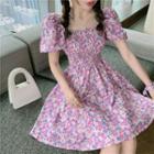 Short-sleeve Floral Print Mini A-line Dress Light Purple - One Size