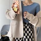 Single-breasted Blazer / Long-sleeve Knit Top / Checkered Straight Leg Pants