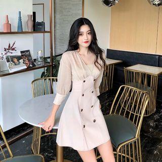 Mesh Panel Double-buttoned Mini Dress With Bandeau