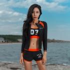 Set: Long-sleeve Lettering Rashguard + Number Print Tankini Top + Swim Shorts