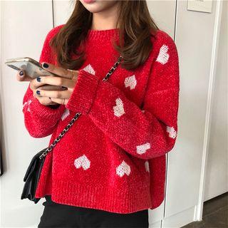 Heart Print Round-neck Sweater