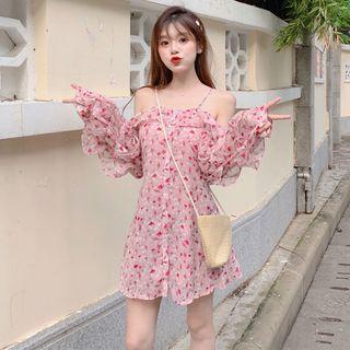 Cold-shoulder Floral Mini Chiffon Dress Floral - Pink - One Size