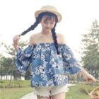 Flower Print Off-shoulder 3/4-sleeve Top