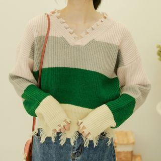 V-neck Striped Fringed Sweater As Shown In Figure - One Size