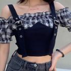 Mock Two-piece Plaid Panel Puff-sleeve Cropped Top