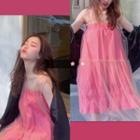 Set: Plain Tube Dress + Mesh Sleeveless Dress As Figure - One Size