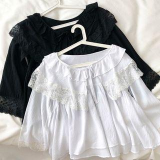 Plain Ruffled-trim Lace Long-sleeve Blouse