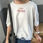 Lettering Short Sleeve Distressed T-shirt