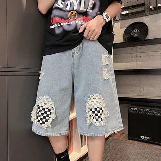Checkered Panel Distressed Denim Shorts