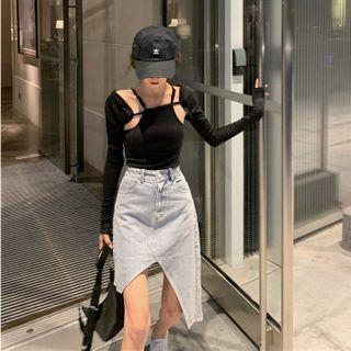 Long-sleeve Cutout Cropped T-shirt / Asymmetric Hem Denim Straight-fit Skirt