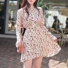 Mock-neck Ruffled Bell-cuff Floral Dress Beige - One Size