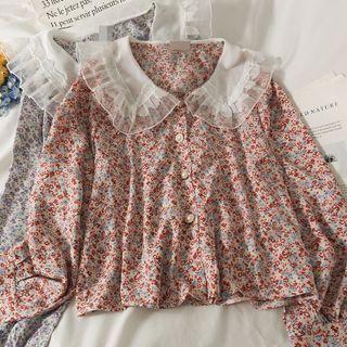 Mesh-collar Floral Loose Shirt