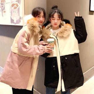 Faux-fur Hooded Color-block Zipped Jacket