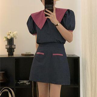 Set: Puff-sleeve Collared Blouse + A-line Skirt
