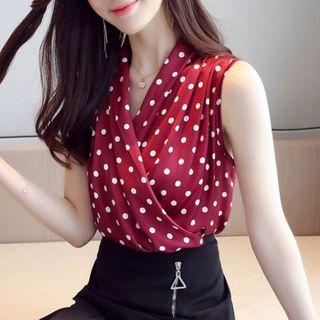 Sleeveless Dotted V-neck Blouse