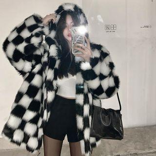 Hooded Checker Print Fluffy Jacket Black - One Size