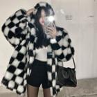 Hooded Checker Print Fluffy Jacket Black - One Size