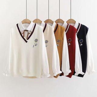 Set: Badminton Embroidered Knit Vest + Bow Shirt