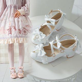 Bow Cross Strap Block Heel Pumps