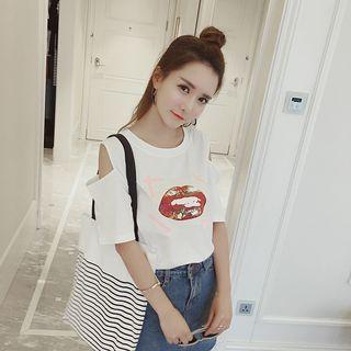 Lips Print Cut Out Shoulder Elbow Sleeve T-shirt