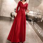 Long Sleeve Lace Panel A-line Evening Gown
