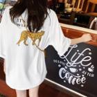 Elbow-sleeve Leopard Print T-shirt White - One Size