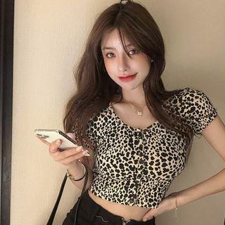 Short-sleeve Leopard Print Button-up Crop Top