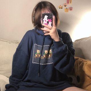 Long-sleeve Printed Hoodie Navy Blue - One Size