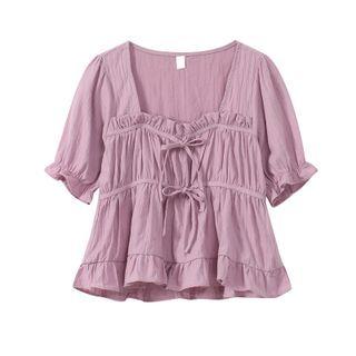 Short-sleeve Bow Detail Blouse Mauve - One Size