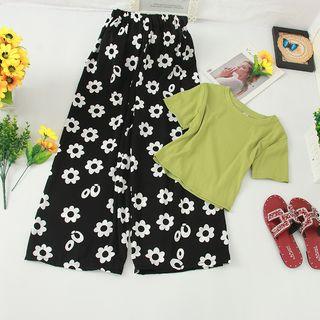 Set: Plain Short-sleeve T-shirt + Flower Print Wide-leg Pants