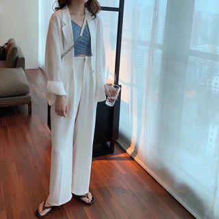 Buttoned Blazer / Twisted Camisole / Wide Leg Pants