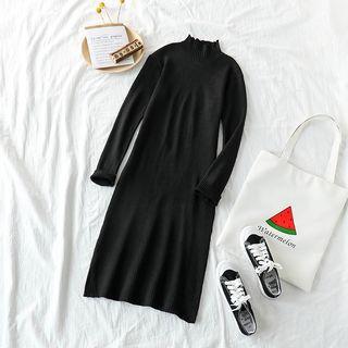 Long-sleeve Mock-neck Midi Knit Dress As Shown In Figure - One Size