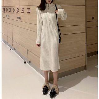 Long-sleeve Zip Placket Midi Knit Dress