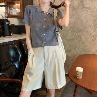 Short-sleeve Button-up Knit Top / Wide-leg Shorts