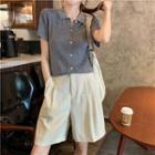 Short-sleeve Button-up Knit Top / Wide-leg Shorts