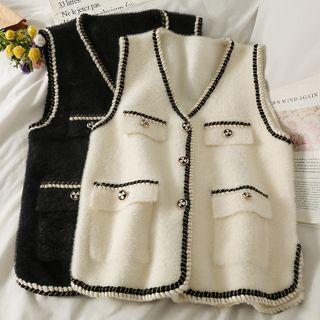 Glitter-trim Button-up Vest Jacket