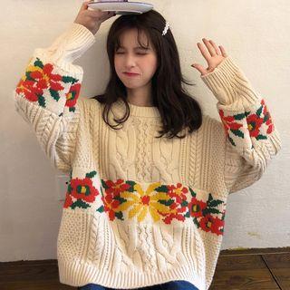 Floral Cable-knit Chunky Sweater
