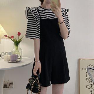 Short-sleeve Striped Wood Ear Trim Top / Plain Wide-leg Playsuit