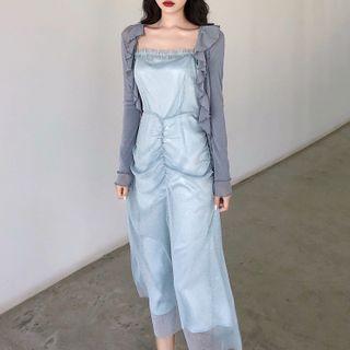 Ruffle Cardigan / Spaghetti Strap Shirred Midi Mesh Dress