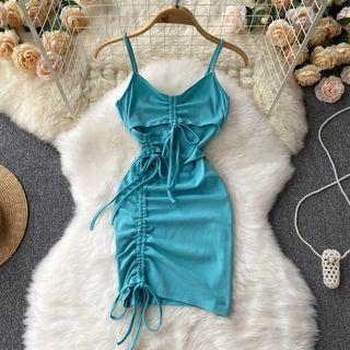Suspender Drawstring Cutout Plain Dress
